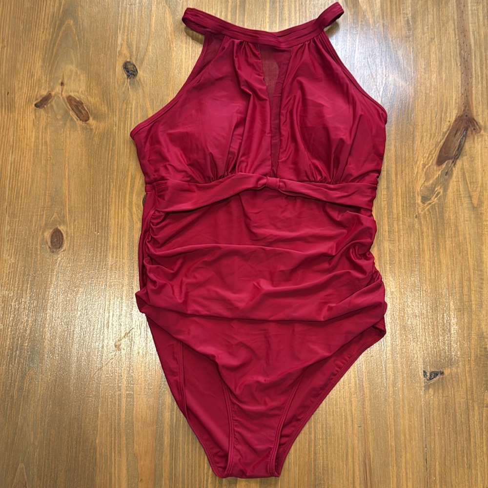 NWOT TEMPT ME One Piece Swimsuit High Neck Plunge Ruched Tummy Control Red XL